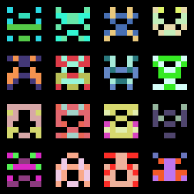 a 4x4 grid of multicolored 6x6 pixel aliens a la space invaders