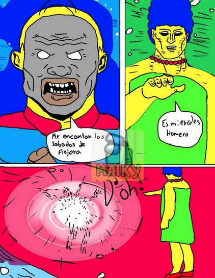 Comic parodia del final de Watchmen, cuando el doctor Manhattan mata a Rorschach, pero Homero Simpson es Rorschach diciendo: Me encantan los sábados de flojera, y Marge es el Dr Manhattan y le dice: Es miércoles Homero