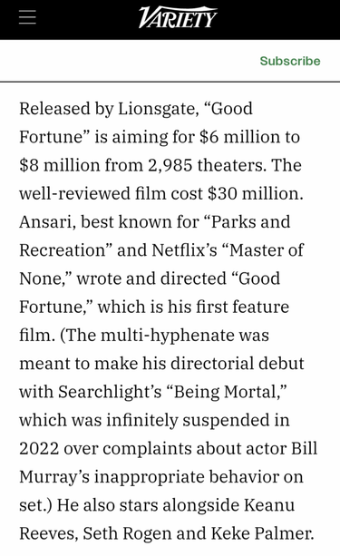 Per Variety, 'Good Fortune' cost $30M.