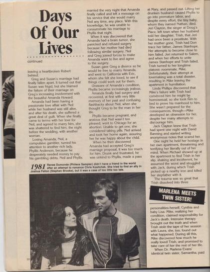 A scanned magazine page from Inside Days of Our Lives – July 1994, featuring dramatic plot summaries and character arcs from the early 1980s. The layout includes dense columns of text and a black-and-white photo in the bottom left showing Renee (Phileice Sampler) and Joshua Fallon (Stephen Brooke) in an emotional scene The page also highlights a storyline teaser: “MARLENA MEETS TWIN SISTER!” The tone is nostalgic and dramatic, reflecting the soap’s high-stakes storytelling and legacy characters