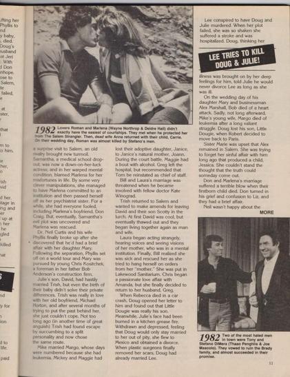 A scanned magazine page from Inside Days of Our Lives – July 1994, featuring dramatic plot summaries and character arcs from the early 1980s. The layout includes dense columns of text and a black-and-white photo in the top left showing Wayne Northrup and Deidre Hall kissing.  In the bottom right is a picture of Thaao Penghlis and Joe Mascolo.  The page also highlights a storyline teaser: “LEE TRIES TO KILL DOUG & JULIE!” The tone is nostalgic and dramatic, reflecting the soap’s high-stakes storytelling and legacy characters