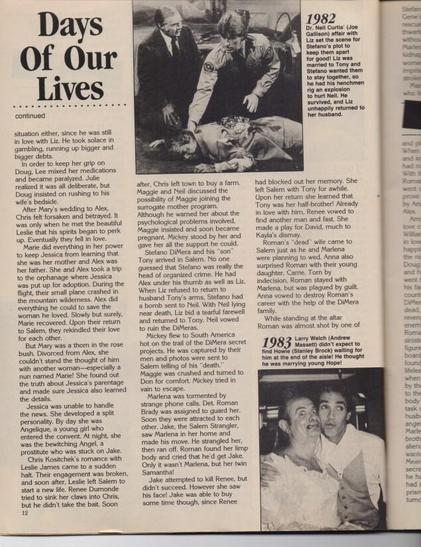 A scanned page from Inside Days of Our Lives – July 1994, continuing the historical overview of the show’s storylines. The page is divided into sections by year, with detailed summaries from 1982 and 1983. A black-and-white photo in the top right shows a dramatic scene with police officers and a woman lying on the ground, suggesting a pivotal moment. Below, another photo features Renee and Tony on their wedding day, dressed in formal attire and smiling. The layout is text-heavy, with bold subheadings and emotional storytelling. The tone is intense and nostalgic, capturing the soap’s signature blend of romance and suspense.