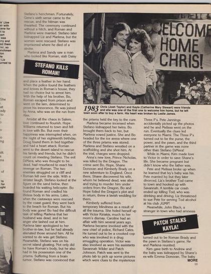 A scanned magazine page from Inside Days of Our Lives – July 1994. The page includes narrative sections with bold headings such as “STEFANO KILLS ROMAN!” and “PATCH STALKS KAYLA!,” suggesting international or character-driven story arcs. A black-and-white photo shows two individuals (Josh Taylor and Catherine Mary Stewart) embracing in front of a sign that reads “WELCOME HOME CHRIS!” The clothing is casual, and the expressions are joyful. The tone is heartfelt and celebratory, offering a contrast to the usual drama. The layout is slightly disorienting due to the rotation but rich in emotional content and legacy storytelling.