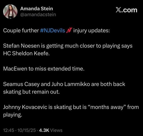 More Injury Updates Per Amanda Stein (10/15/25)