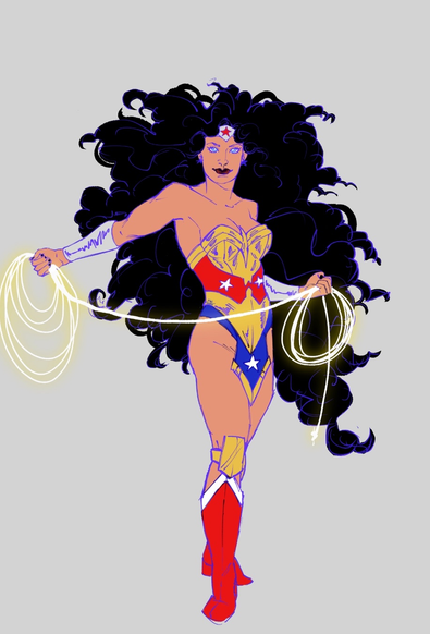 my rendition of wonder woman. she is standing at a 3/4 right facing view. her left (your right) arm is extended to the side, holding her lasso in one hand with the lasso connecting to her other hand.