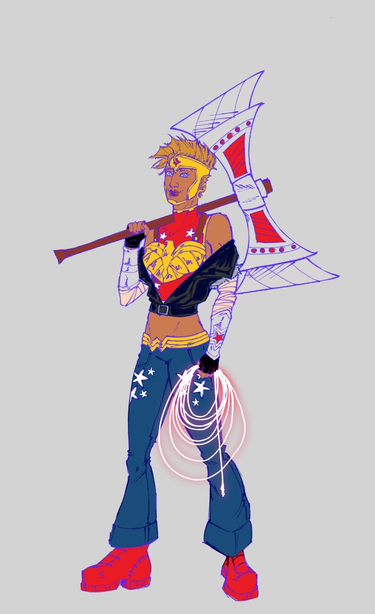 my rendition of cassie sandsmark aka wonder girl. she is standing facing the right at a 3/4 view, holding her lasso of lightning in one hand and a labrys axe on in the other, resting on her shoulder