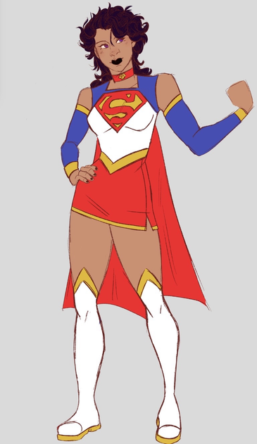 a laurel kent aka supergirl design, one hand is on her hip and the other is forming a fist, propped up at her side