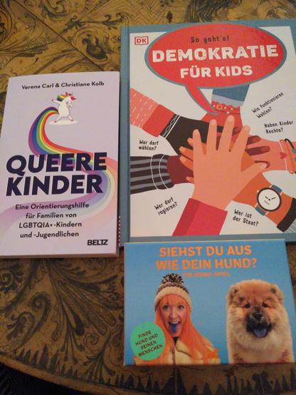 Auf einem handbemalten Holztisch liegen zwei Bücher sowie ein Spiel. Links im Bild liegt das Taschenbuch *Queere Kinder - eine Orientierungshilfe für Familien von LGBTQIA+-Kindern und -Jugendlichen* von Verena Carl und Christiane Kolb, rechts liegt das Buch *So geht's! Demokratie für Kids* . Bei dem Spiel handelt es sich um eine Ausführung von Memory mit dem Titel *Siehst Du aus wie Dein Hund?*, bei dem es je einen Menschen plus den dazugehörigen Hund zu finden gilt. Auf der Packung ist links eine Frau mit Pudelmütze, roten Haaren und einer ausgestreckten, blauen Zunge zu sehen, rechts daneben ein Hund mit wuscheligem Fell und ebenfalls einer blauen Zunge. Bei dem Hund handelt es sich um die Rasse *Chow Chow*.
