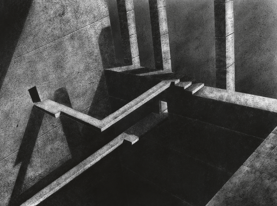 A black and white ink drawing depicting a monumental architectural composition of intersecting stairs, platforms, and columns. The play of light and shadow creates a strong sense of depth and structure, evoking the atmosphere of early modernist architecture. The textured ink surface and precise tonal contrasts give the scene a photographic quality, as if captured through the lens of a large-format camera.