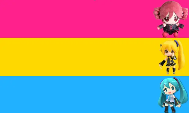 A photo of the pansexual flag, with each color having one of the triple bakas on the right side

light red: Kasane Teto

Yellow: Akita Neru

Blue: Hatsune Miku
