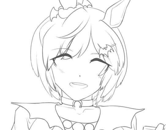 Lineart of a character with animal ears at the top of her head, and short fluffy hair. Whe has a chocker with what looks like a horseshoe.