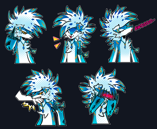 5 illustrations of a furry character based on the pokemon Lycanroc, Midnight form. He resembles a wolf, with a long snout, and long and spiky fur for hair. His fur is white, and parts of the arms sides, the forehead, and tips of ears and the spiky hair are blue, with yellow eyes and golden highlights over the blue sections.
In the top left, he looks moody, and is showing the middle finger to the viewer. In the top middle, he's happily smiling and showing his tongue, with the eyes closed. In the top right, he's howling, with eyes closed. In the bottom left, he's biting someone's hand, looking angry. In the bottom right, he's embarrassed, blushing while coving his face.