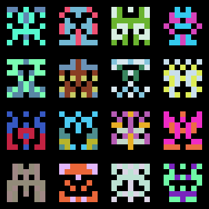 a 4x4 grid of multicolored 7x7 pixel aliens a la space invaders