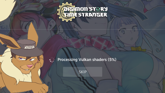 The "Processing Vulkan Shaders" steam page for Digimon Story Time Stranger. There's an eevee laying in the bottom left corner of the screen