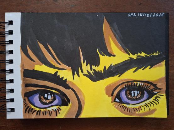 A close-up of a pair of eyes, wide open and filled with light. The irises shimmer between violet and amber, framed by heavy black lashes and thick brows that almost seem alive. The skin glows in a surreal yellow hue, while the hair falls in bold, dark strokes across the forehead. The expression feels like a question — alert, almost feral, yet deeply human.
