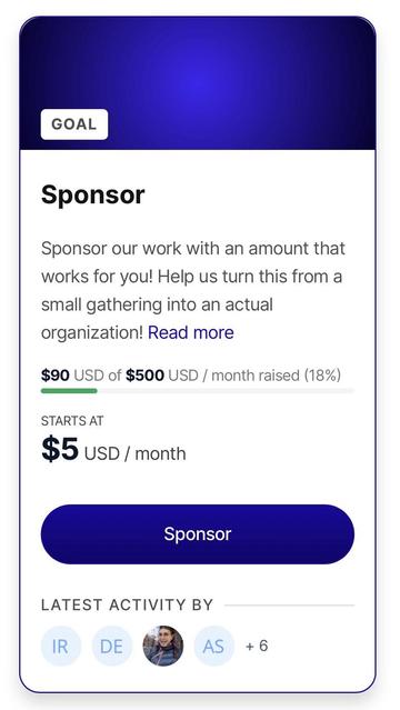 Screenshot from the OpenCollective page showing $90/$500 USD / month raised (18%)