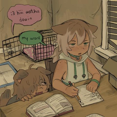 puppyboy observing catboy ":3 hiii watcha dooin"
annoyed catboy writing on a paper "my work"