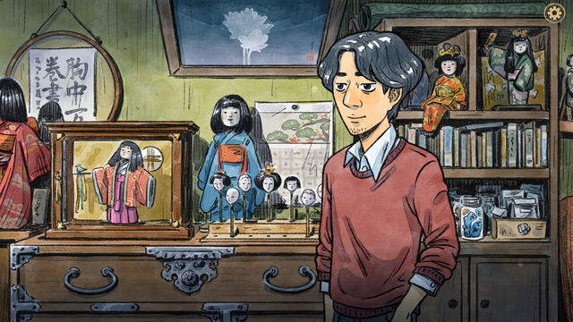 Hand painted watercolour scene from the visual novel The Doll Shop. Shows a man standing in from of some dolls, some dolls heads on sticks and various pigments for working ont he dolls.