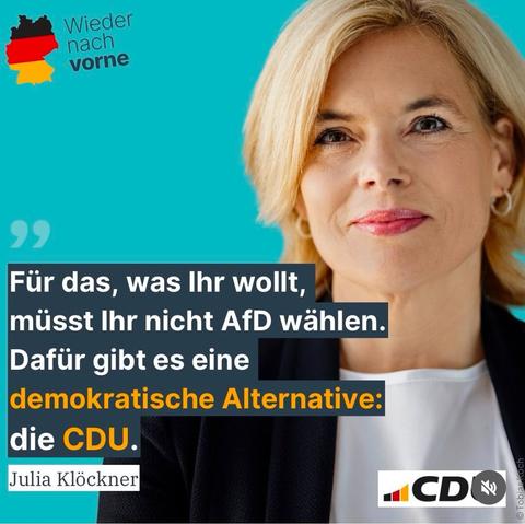 Klöckner Posting "Für das, was Ihr wollt, müsst Ihr nicht AfD wählen"