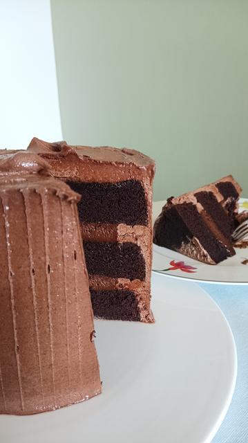 A crumb shot of the inner layers of a huge chocolate cake with 3 cake layers filled with dark chocolate mousse and covered in  chocolate frosting on a white ceramic plate against a sage green background. 

You can also see a cut slice in the background on another white plate.