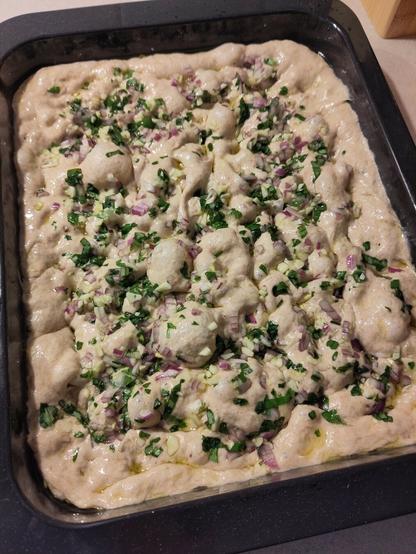 Der Teig wurde vor dem Backen mit einem Topping aus Basilikum, Zwiebel und Knoblauch bestrichen.