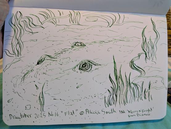 A ray like creature is buried in the sand, its eyes visible, there's seagrass around and a tiny crab crawling on the ray.