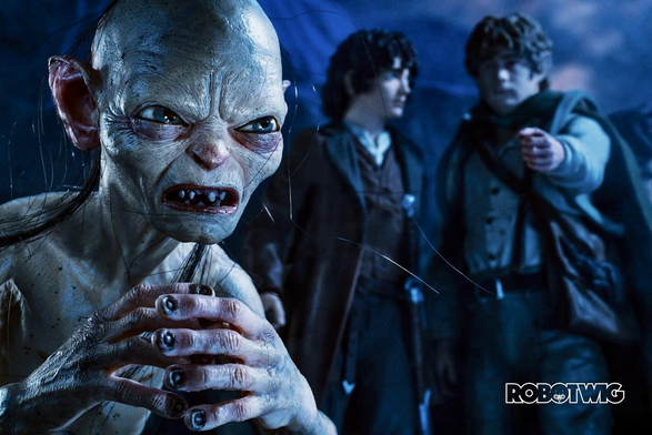 Sam talks to Frodo pointing over at Gollum who's facing away from them with a grimace on his face. Frodo looks at Sam disapprovingly