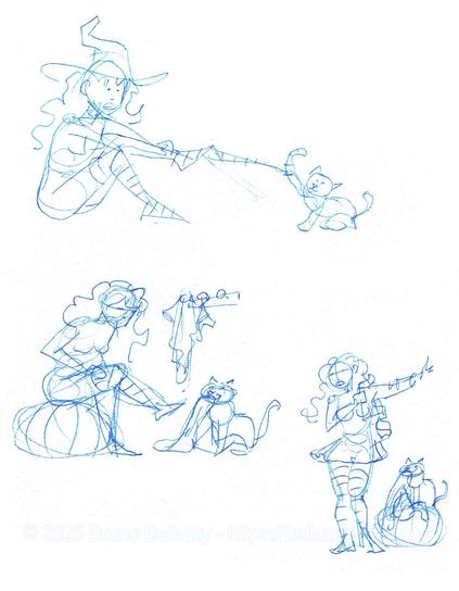 Détail d'un des croquis : une bellaminette enfilant une veste par-dessus sa robe de sorcière, et son chat à côté d'elle, juché sur une citrouille, et tenant le chapeau de sorcière dans sa gueule.