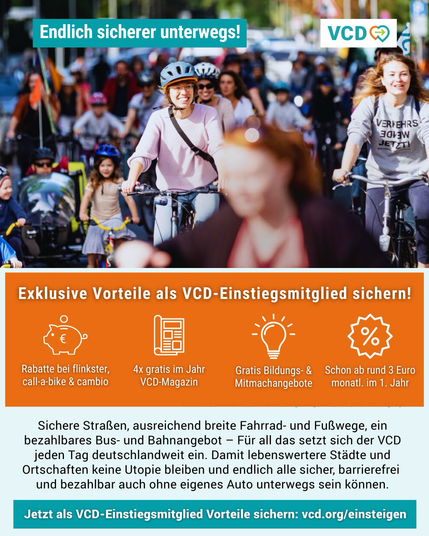 Grafik mit vier Symbolen und Text: Ein Sparschwein für Rabatte bei Flinkster, Call a Bike und Cambio; eine Zeitung für das VCD-Magazin, das viermal jährlich erscheint; eine Glühbirne für kostenlose Bildungs- und Mitmachangebote; und ein Prozentzeichen für den günstigen Mitgliedsbeitrag ab rund drei Euro im Monat. Darüber steht: „Exklusive Vorteile als VCD-Einstiegsmitglied sichern!“ Im Hintergrund sind unscharf Menschen mit Fahrrädern zu sehen.