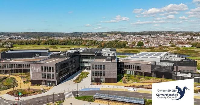Overhead shot of Pentre Awel development and Llanelli coastline.