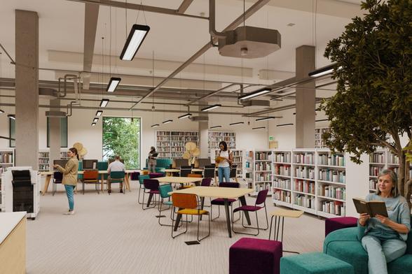CGI design showing the planned interior of Swansea Central Library at Y Storfa.