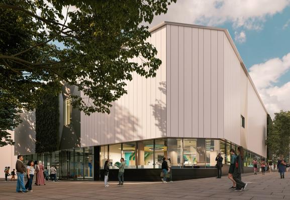 CGI exterior view of Y Storfa community hub in Swansea city centre, opposite Castle Square.