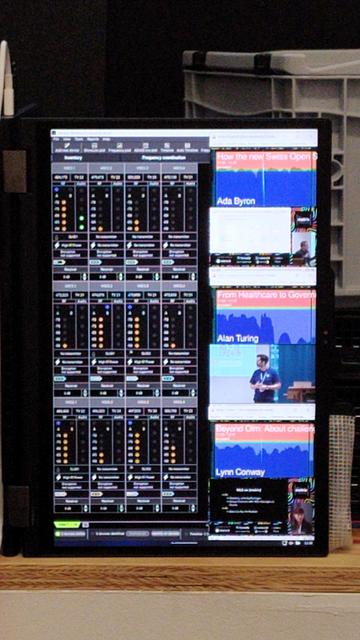 Laptop in portrait mode, some loudness graphs, small indicator lamps for rf levels.