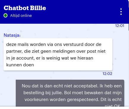 Fragment uit tekstgesprek met BOL