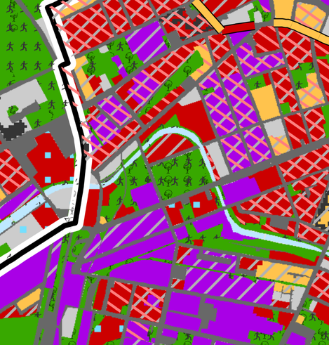 Karte mit vielen bunten Flächen. Im Zentrum eine grüne, rechteckige Fläche mit Menschen- und Baumsymbolen.

Eingeschlossen ist die fläche von einem Fluss (rechts), und Straßen.

Im näheren Umkreis ist die Karte durch rote und lila Flächen geprägt.

Bedeutung (da das verlinkte PDF mit seiner Legende möglicher Weise nicht Barierefrei ist):

- Die Fläche im Zentrum ist das Jahrtausendfeld in Leipzig, angrenzend an die Ecke Karl-Heine-/Gießerstraße.
- Grün bedeutet Frei- oder Grünfläche mit sehr hoher Schutzwürdigkeit
- Rot: Siedlungsraum mit ungünstiger thermischer Belastungssituation
- Lila: ~ mit sehr ungünstiger ~
-