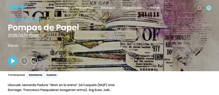 Imagen del acceso web al programa de radio «Pompas de papel»