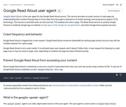Google Read Aloud user agent service updates to list Google services that use it plus how AI is used and not used
