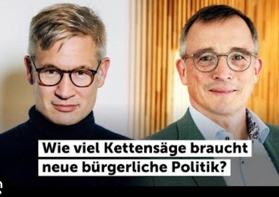 Diskussion: 
Wie viel Kettensige braucht neue bürgerliche Politik?

Im Bild:
Der rechtslibertäre Welt-Herausgeber Ulf Poschardt und der CDU-Rechtsausleger und R21 Gründer Andreas Rödder. Beide fordern zudem ein Ende der Brandmauer zwischen CDU und AfD.