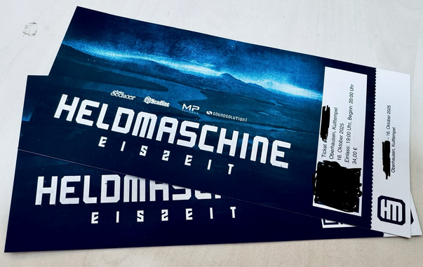 Zwei Komzertkarten für Heldmaschine im Kulttempel, Oberhausen