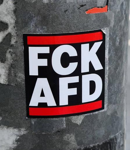 Ein Anti AfD Sticker | Schwarzer Hintergrund, oben und unten ein roter Balken, dazwischen in zwei Zeilen der Schriftzug FCK AFD