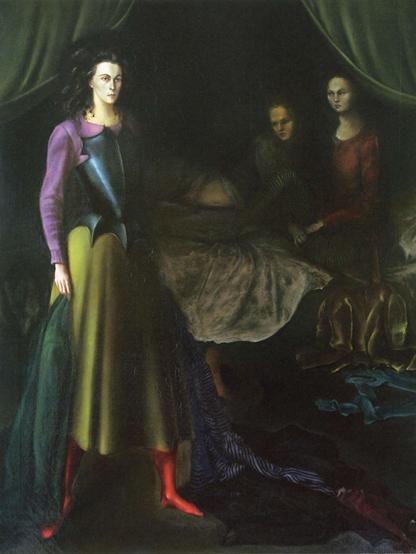 From The ArtStory: “The woman in battle dress at the front is a direct portrait of Leonora Carrington, made whilst the two artists spent the summer together in 1939. The work shows the intense admiration that Fini felt for her friend, as Carrington is depicted as a 'woman warrior', a tower of strength like a modern day Joan of Arc. Carrington even holds Fini's signature striped black and white fabric that she wore often, thus revealing the immense degree to which she identified with her fellow artist. The two figures on the bed may both be reminiscent of Fini herself looking over at Carrington in wonder. The overall composition, drapery, and pulled curtains all hark back to much earlier paintings and to settings of the Old Masters.”