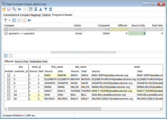 Screenshot of a data compare tool