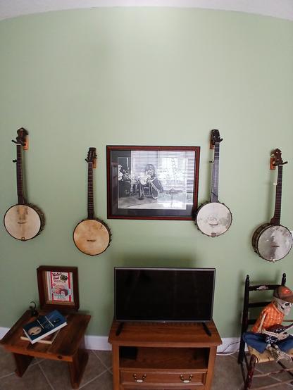 4 custom banjos hanging on a green wall