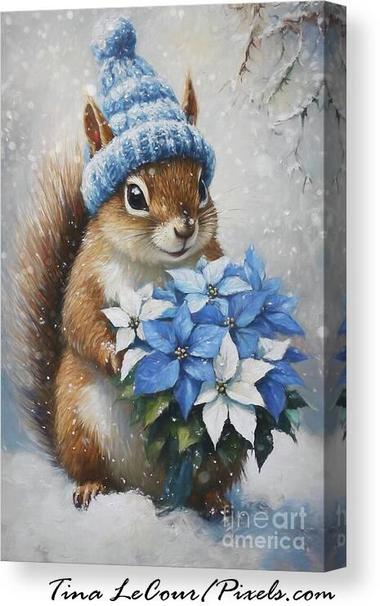 This is a canvas of a whimsical squirrel wearing a winter knitted holding a bouquet of blue and white poinsettia flowers during a winter snowfall.