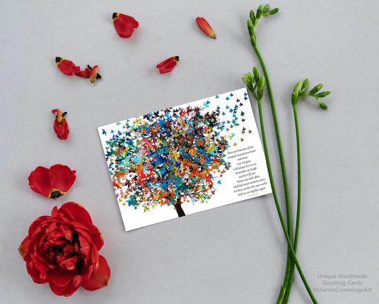 Colorful tree and grief comfort poem by artist and poet Sharon Cummings.