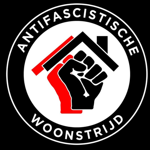 Logo van de Bond Precaire Woonvormen in rood en zwart, omringd door de tekst "antifascistische woonstrijd"