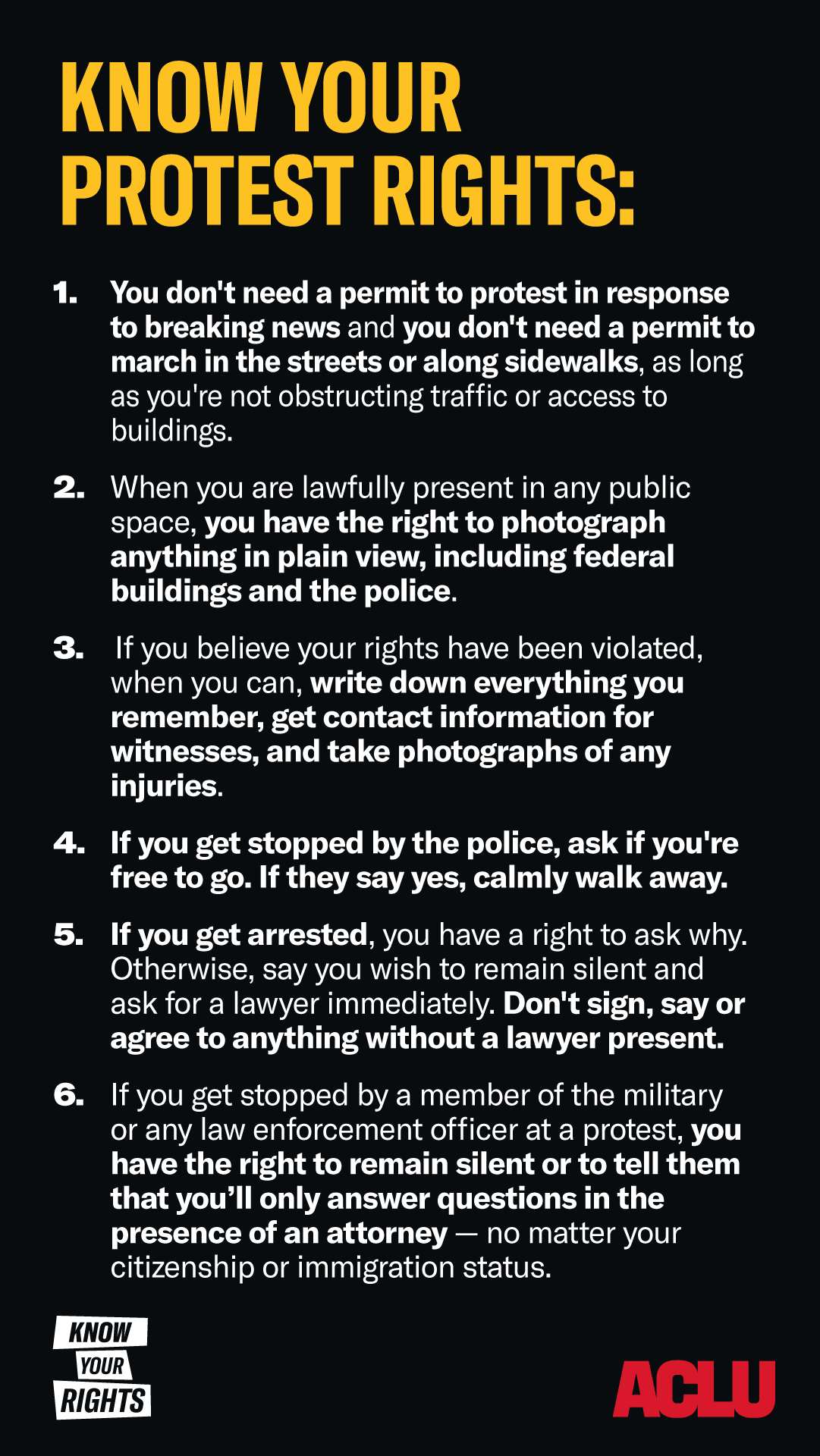 ACLU graphic: Know your protest rights. More here: https://www.aclu.org/know-your-rights/protesters-rights