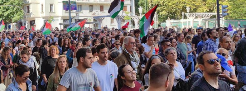 Impresionante cantidad de gente, en manifestación, con banderas palestinas