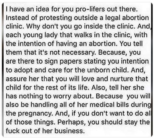 The screenshot reads:
I have an idea for you pro-lifers out there. Instead of protesting outside a legal abortion clinic. Why don't you go inside the clinic, with the intention of having an abortion. You tell them that it's not necessary. Because, you are here to sign papers stating your intention to adopt and care for the unborn child for the rest of its life. Also, tell her she has nothing to worry about. Becauseyou will also handling all of her medical bills during the pregnancy. And, if you don't want to do all of those things. Perhaps, you should stay the fuck out of her business."