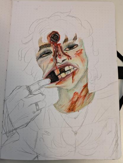 Still working on my painting/drawing of a zombie guy, his fingers hooked in his cheek like a fish, he's missing a tooth and has a gunshot wound right on his forehead